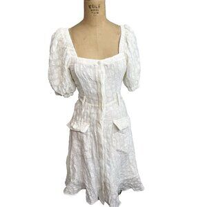 Ted Baker White Boho Designer Wedding Button Ruffle Hem Midi Puff Sleeve Dress 0